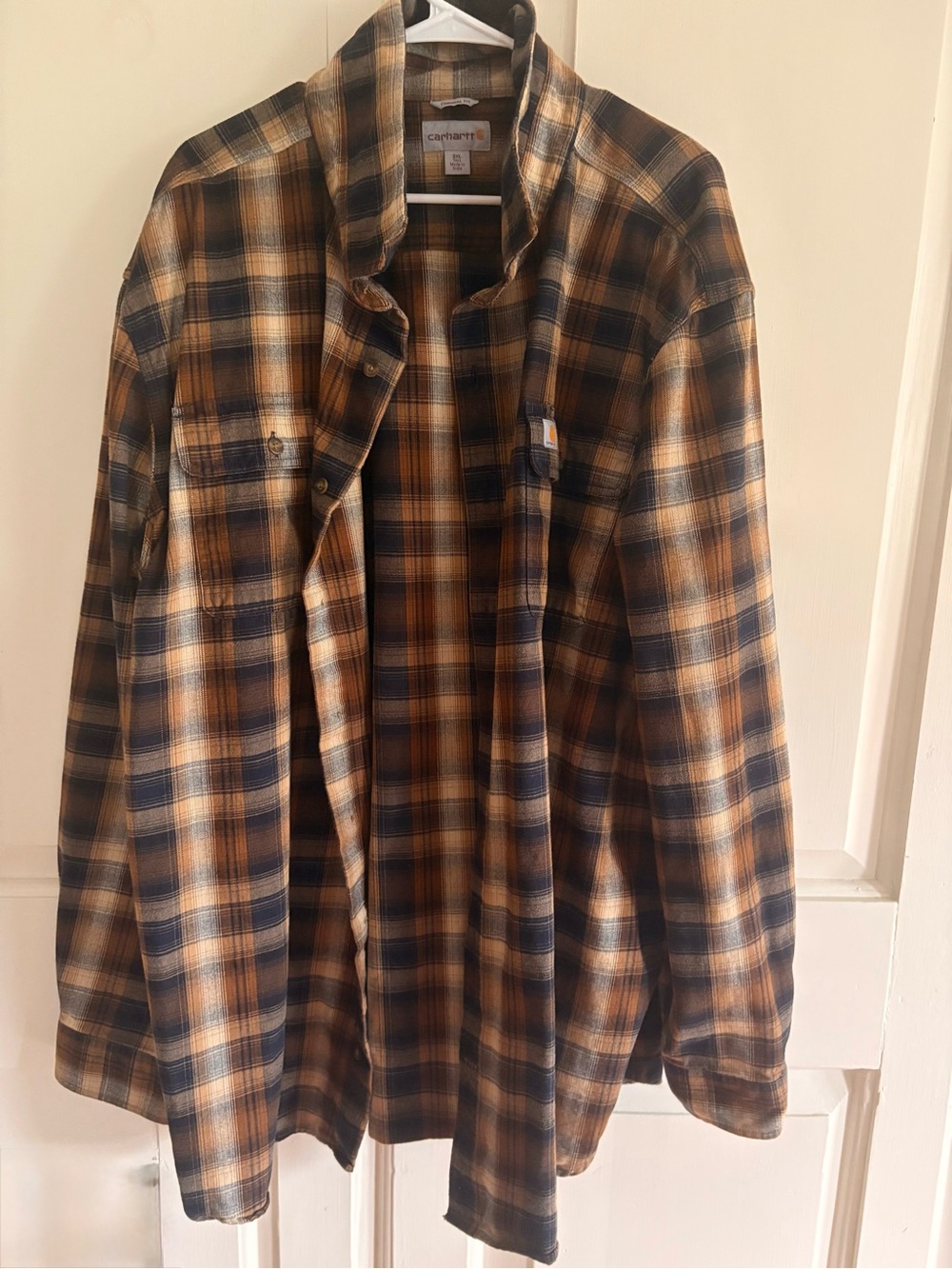 Carhartt Flannel Shirt Mens 3XL TALL Brown Plaid Long Sleeve Button Work Casual